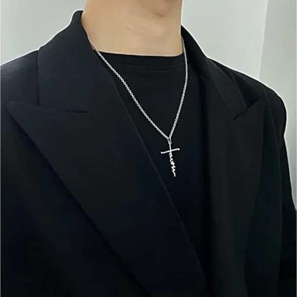 New Stainless Steel Cursive Faith Cross Religious Silver Minimalist Necklace - Picture 4 of 13